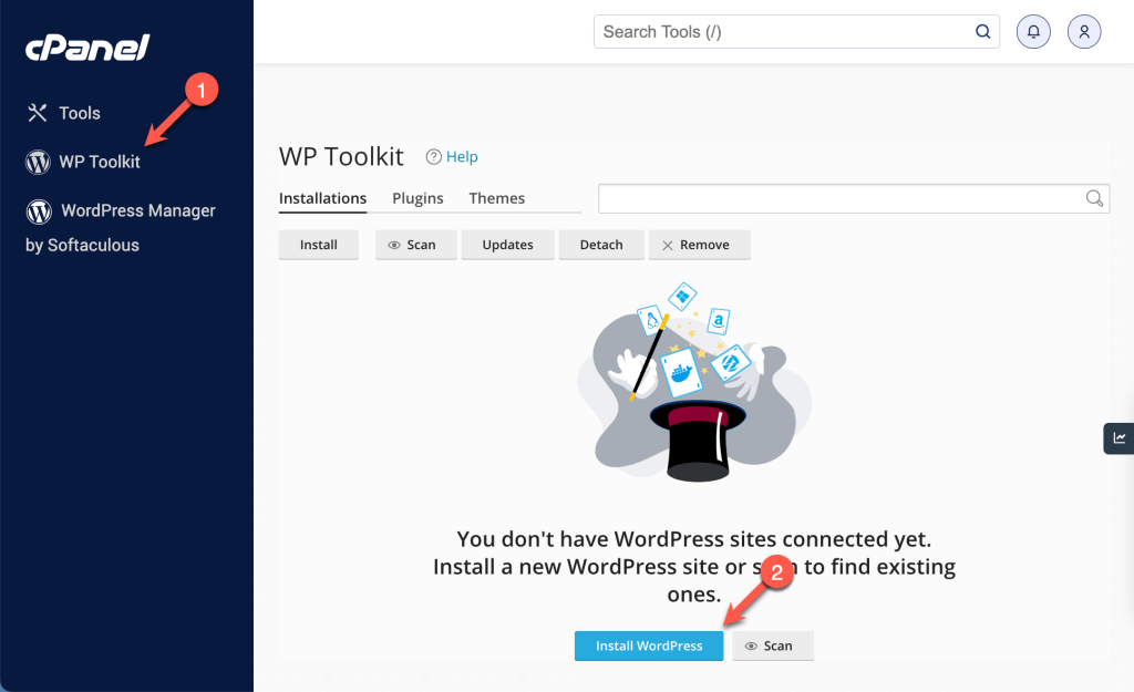 Clicking the Install WordPress button from WP Toolkit